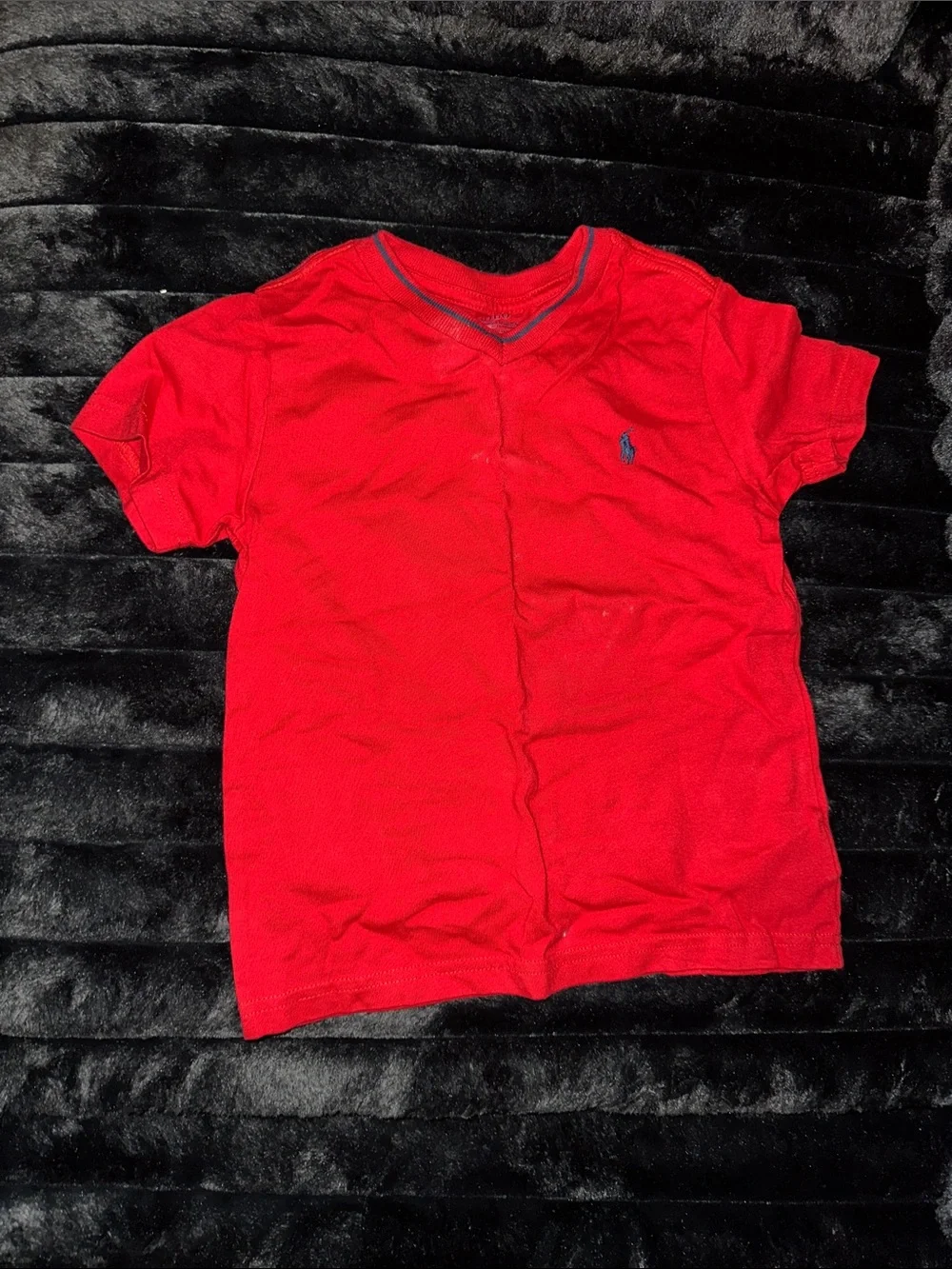 Ralph Lauren Red V-Neck Tee with Navy Polo Logo